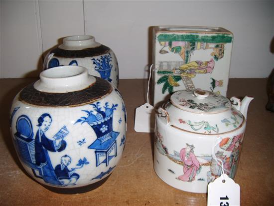 Chinese porcelain famille verte pillow, famille rose teapot & pair blue & white ginger jard (faults)(-)